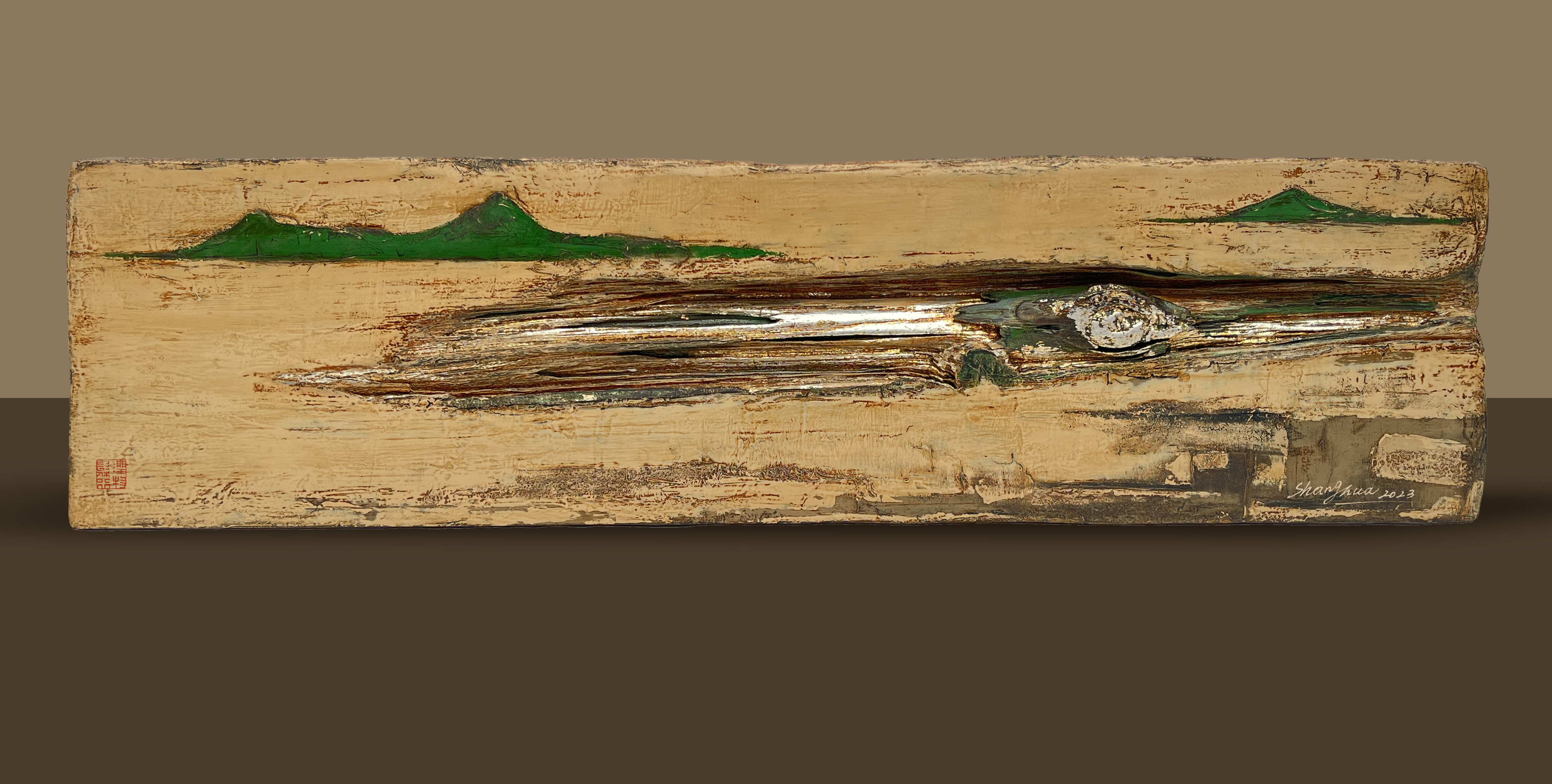 吴尚华漆画《山水缘》

材料：大漆、木、瓦灰、金属箔
